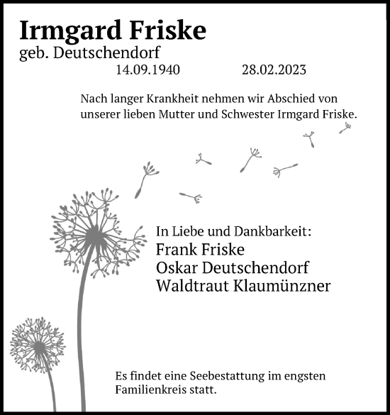 Traueranzeige von Irmgard Friske von Ostsee-Zeitung GmbH