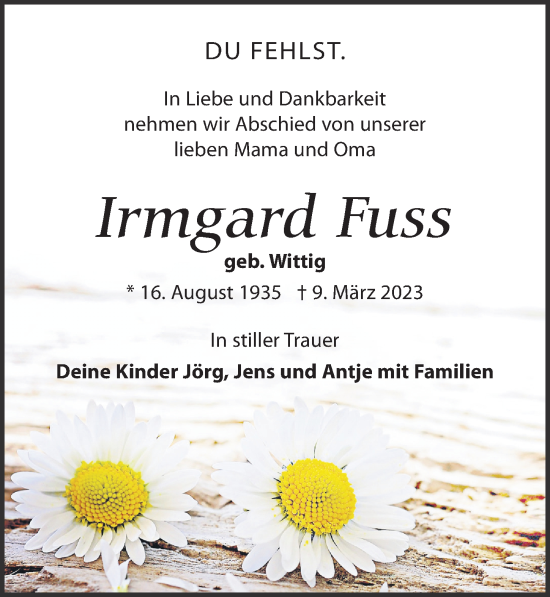 Traueranzeige von Irmgard Fuss von Leipziger Volkszeitung