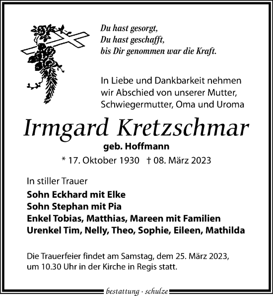 Traueranzeige von Irmgard Kretzschmar von Leipziger Volkszeitung