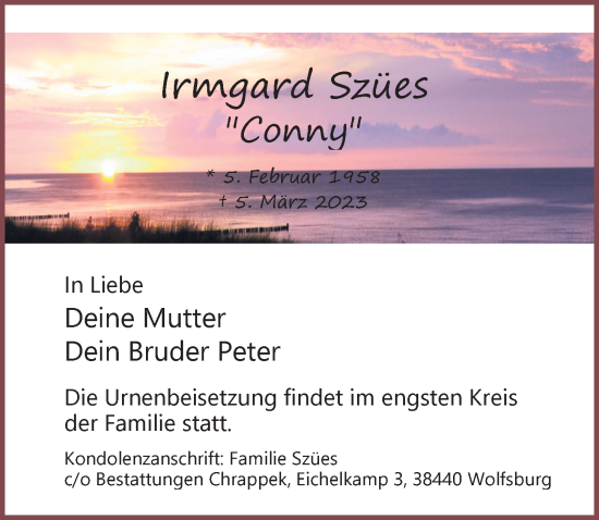 Traueranzeige von Irmgard Szües von Aller Zeitung