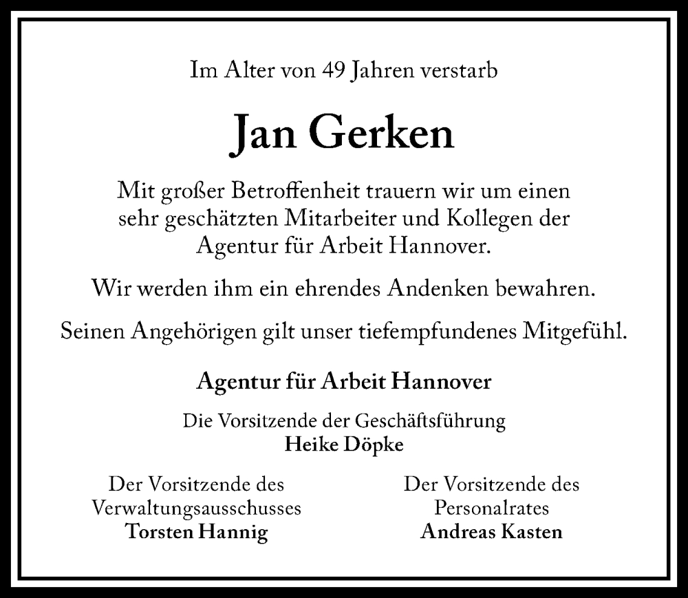  Traueranzeige für Jan Gerken vom 04.03.2023 aus Hannoversche Allgemeine Zeitung/Neue Presse