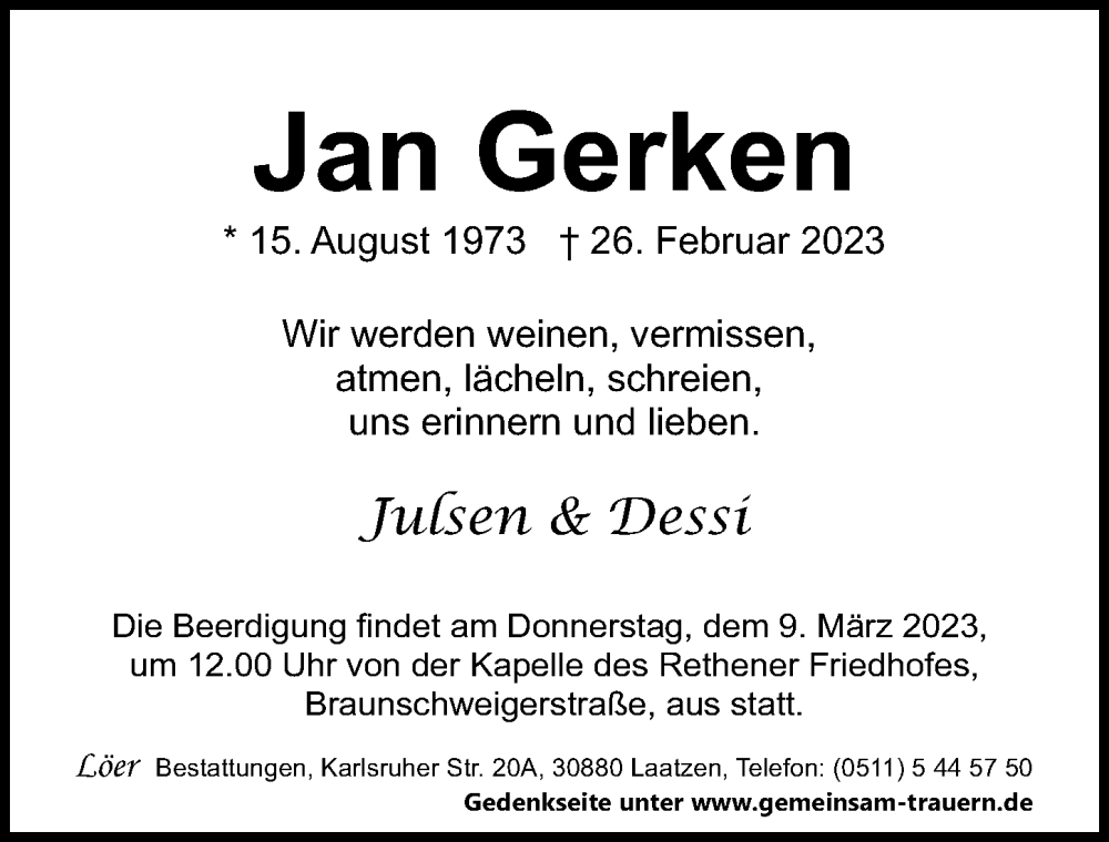  Traueranzeige für Jan Gerken vom 04.03.2023 aus Hannoversche Allgemeine Zeitung/Neue Presse