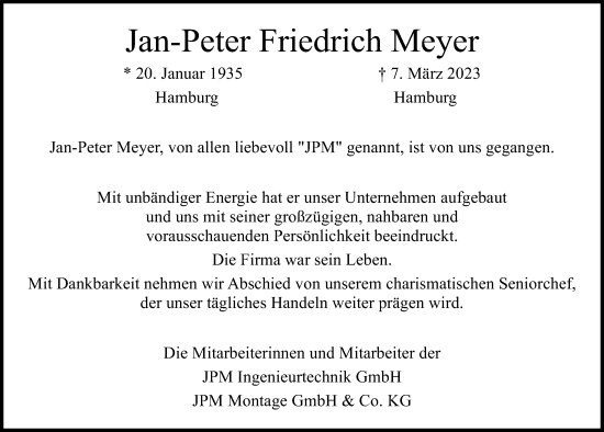 Traueranzeige von Jan-Peter Friedrich Meyer von Kieler Nachrichten