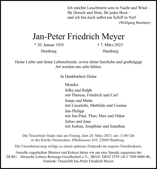 Traueranzeige von Jan-Peter Friedrich Meyer von Kieler Nachrichten