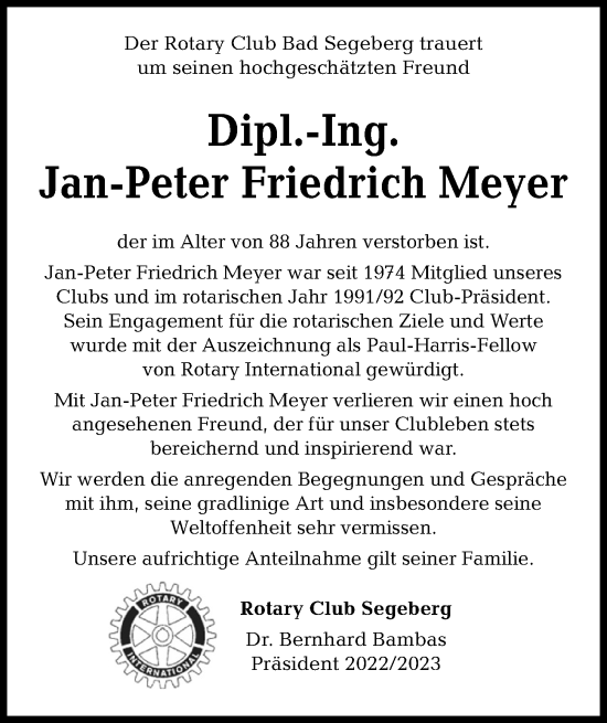 Traueranzeige von Jan-Peter Friedrich Meyer von Kieler Nachrichten