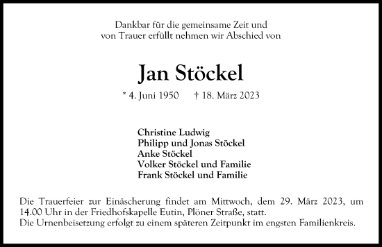 Traueranzeige von Jan Stöckel von Lübecker Nachrichten