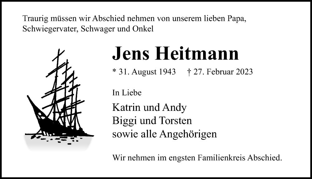  Traueranzeige für Jens Heitmann vom 05.03.2023 aus Lübecker Nachrichten