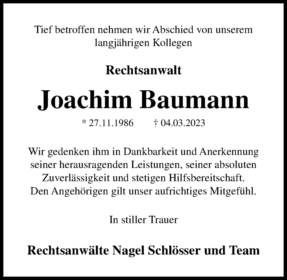  Traueranzeige für Joachim Baumann vom 11.03.2023 aus Hannoversche Allgemeine Zeitung/Neue Presse