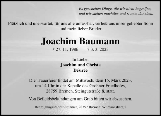 Traueranzeige von Joachim Baumann von Hannoversche Allgemeine Zeitung/Neue Presse