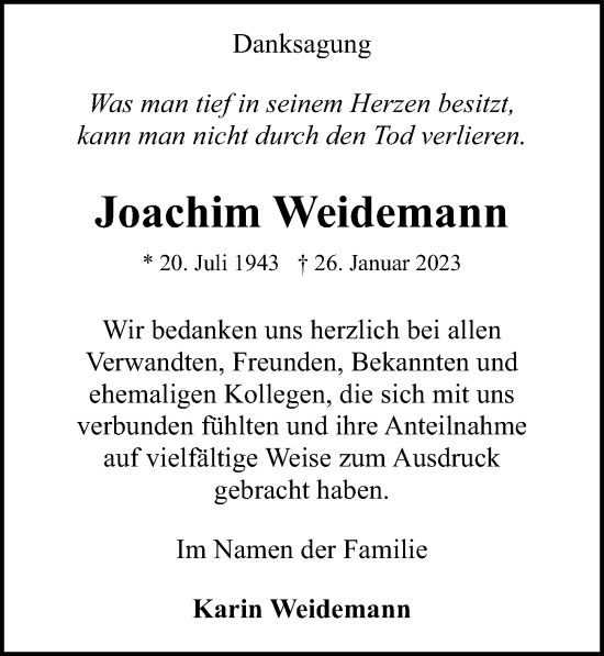 Traueranzeige von Joachim Weidemann von Ostsee-Zeitung GmbH