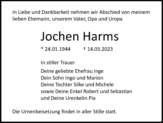 Traueranzeige von Jochen Harms von Ostsee-Zeitung GmbH