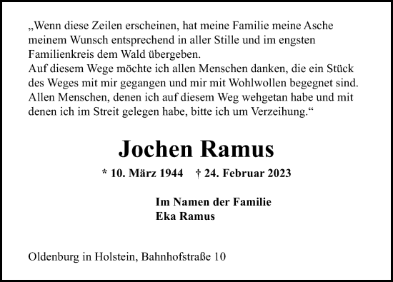 Traueranzeige von Jochen Ramus von Lübecker Nachrichten