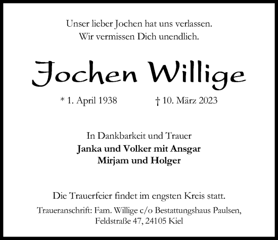 Traueranzeige von Jochen Willige von Kieler Nachrichten