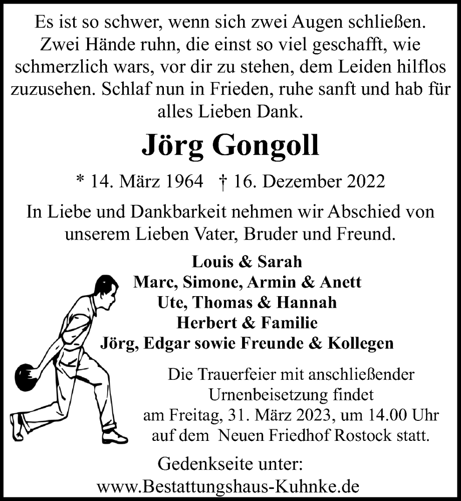  Traueranzeige für Jörg Gongoll vom 18.03.2023 aus Ostsee-Zeitung GmbH