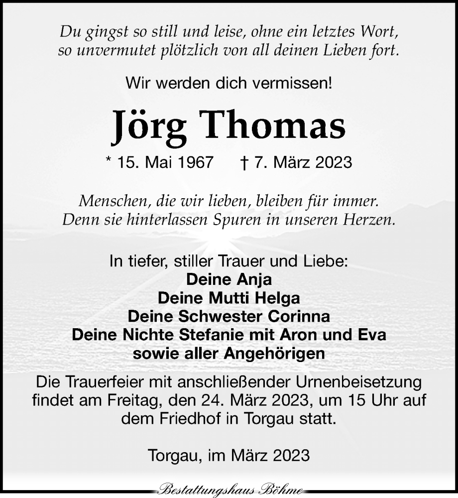  Traueranzeige für Jörg Thomas vom 18.03.2023 aus Torgauer Zeitung