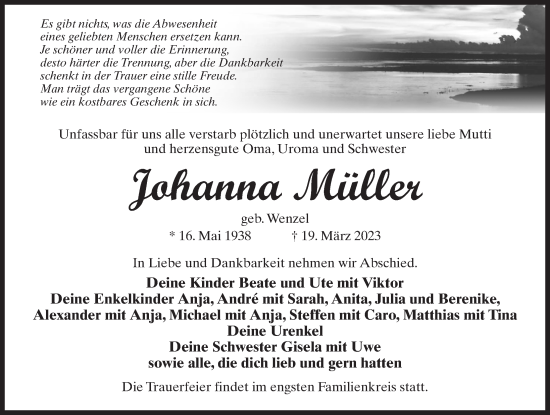 Traueranzeige von Johann Müller von Märkischen Allgemeine Zeitung