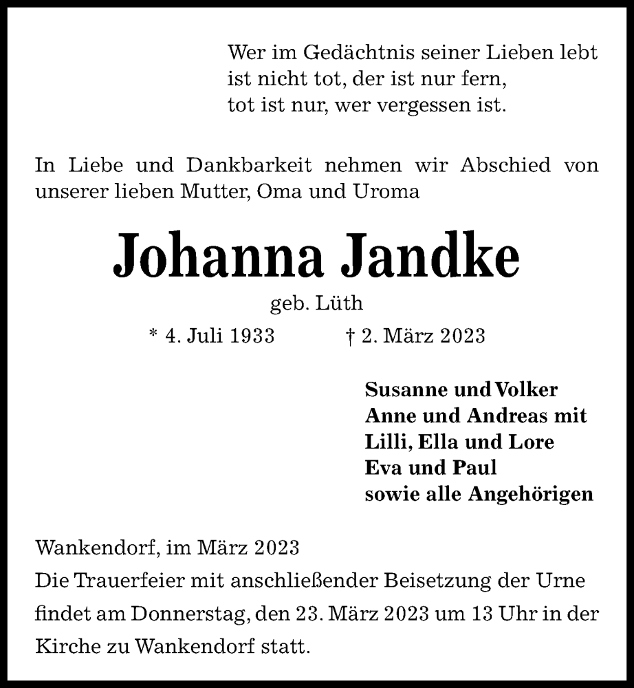  Traueranzeige für Johanna Jandke vom 11.03.2023 aus Kieler Nachrichten