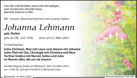 Traueranzeige von Johanna Lehmann von Leipziger Volkszeitung