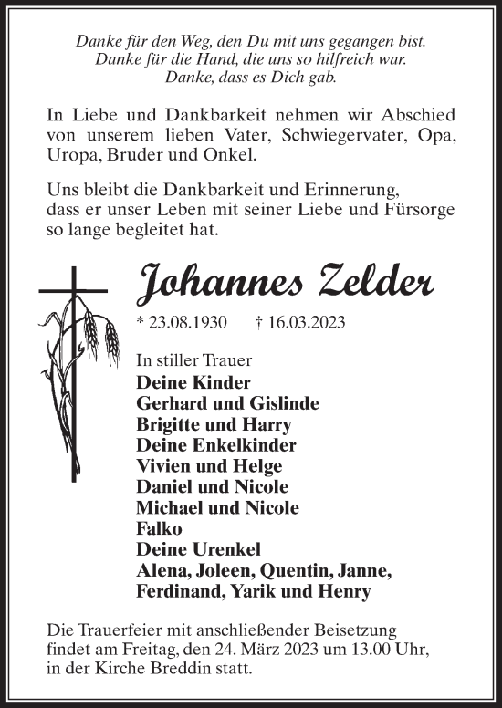 Traueranzeige von Johannes Zelder von Märkischen Allgemeine Zeitung