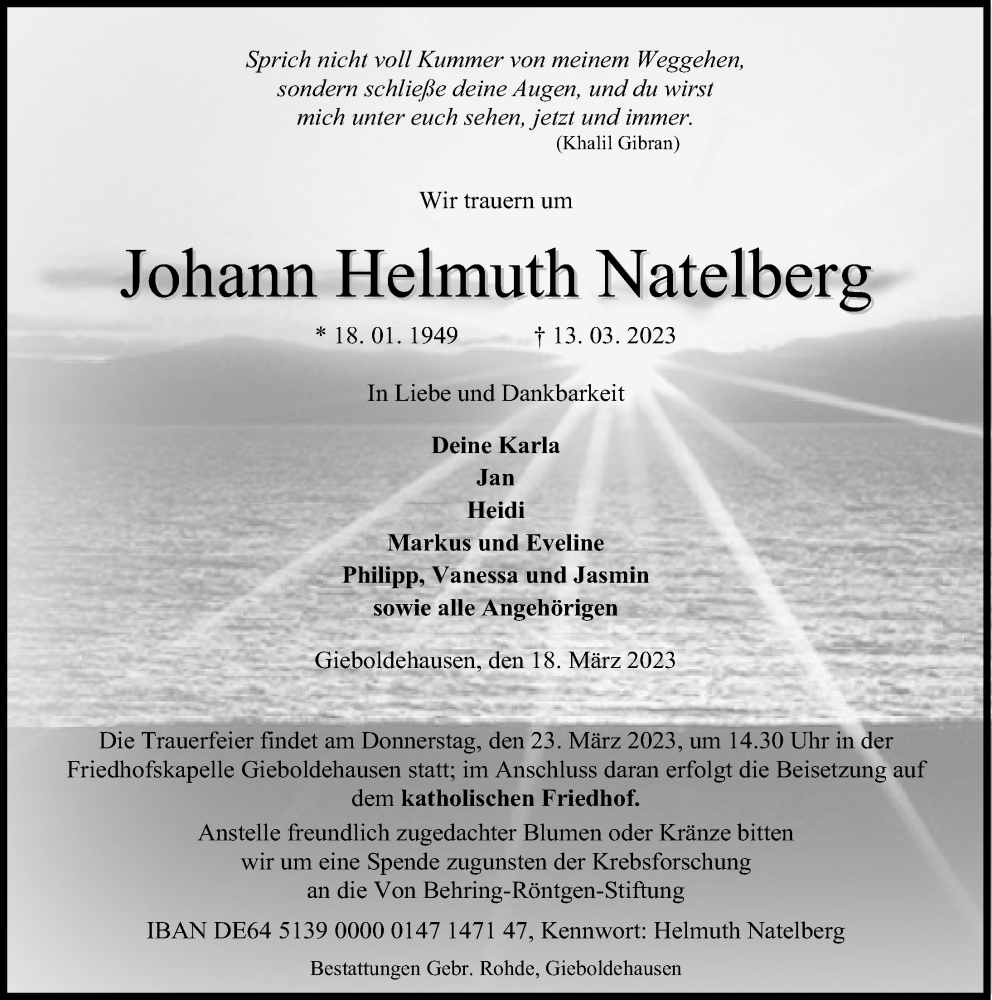  Traueranzeige für Johann Helmuth Natelberg vom 18.03.2023 aus Göttinger Tageblatt