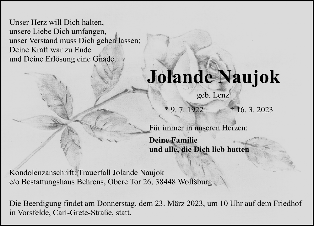  Traueranzeige für Jolande Naujok vom 18.03.2023 aus Aller Zeitung