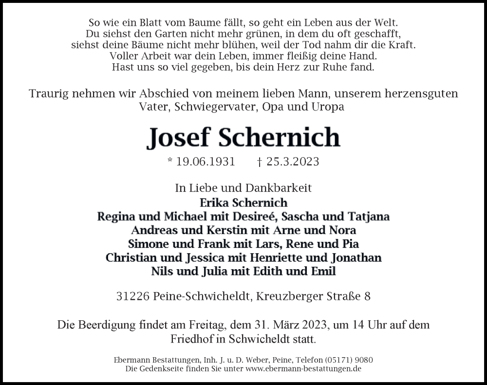 Traueranzeige für Josef Schernich vom 28.03.2023 aus Peiner Allgemeine Zeitung