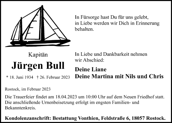Traueranzeige von Jürgen Bull von Ostsee-Zeitung GmbH