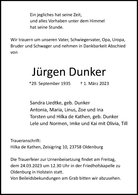 Traueranzeige von Jürgen Dunker von Lübecker Nachrichten