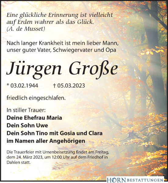 Traueranzeige von Jürgen Große von Leipziger Volkszeitung