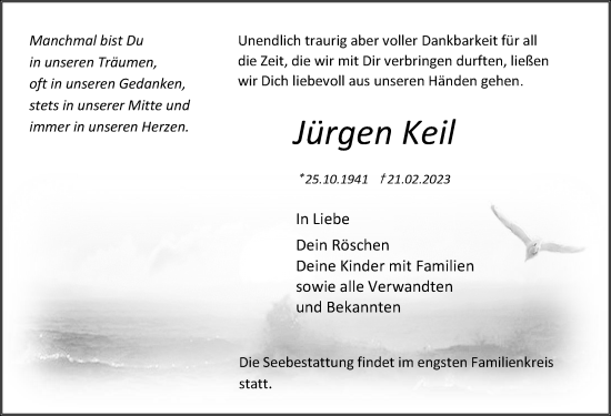 Traueranzeige von Jürgen Keil von Ostsee-Zeitung GmbH