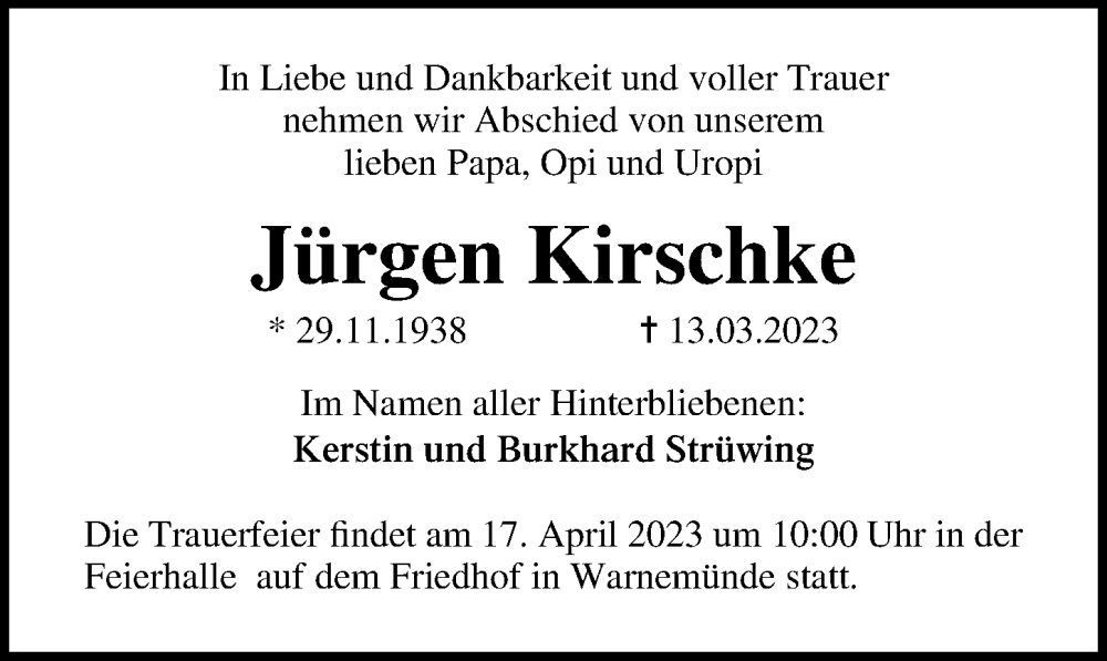 Traueranzeige für Jürgen Kirschke vom 25.03.2023 aus Ostsee-Zeitung GmbH