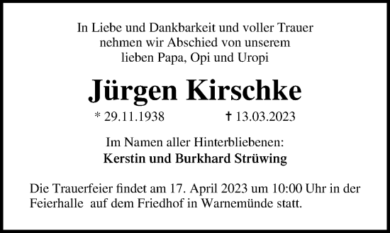 Traueranzeige von Jürgen Kirschke von Ostsee-Zeitung GmbH