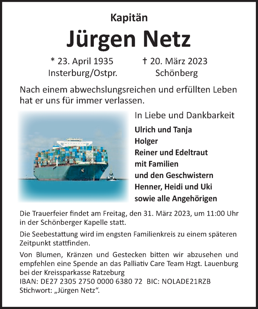  Traueranzeige für Jürgen Netz vom 25.03.2023 aus Lübecker Nachrichten