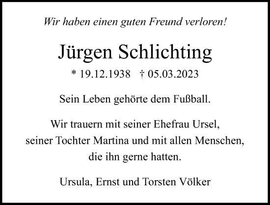 Traueranzeige von Jürgen Schlichting von Lübecker Nachrichten