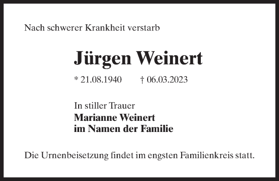 Traueranzeige von Jürgen Weinert von Märkischen Allgemeine Zeitung
