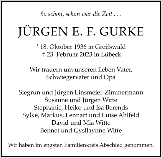 Traueranzeige von Jürgen E. F. Gurke von Lübecker Nachrichten