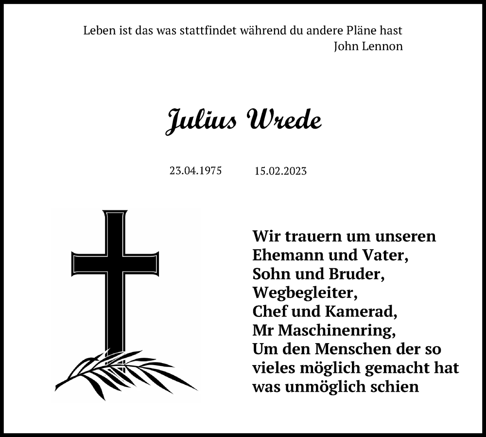  Traueranzeige für Julius Wrede vom 15.03.2023 aus Märkischen Allgemeine Zeitung