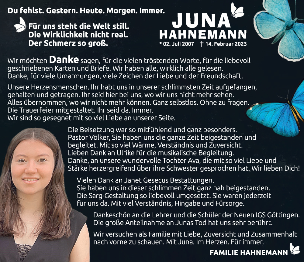  Traueranzeige für Juna Hahnemann vom 11.03.2023 aus Göttinger Tageblatt