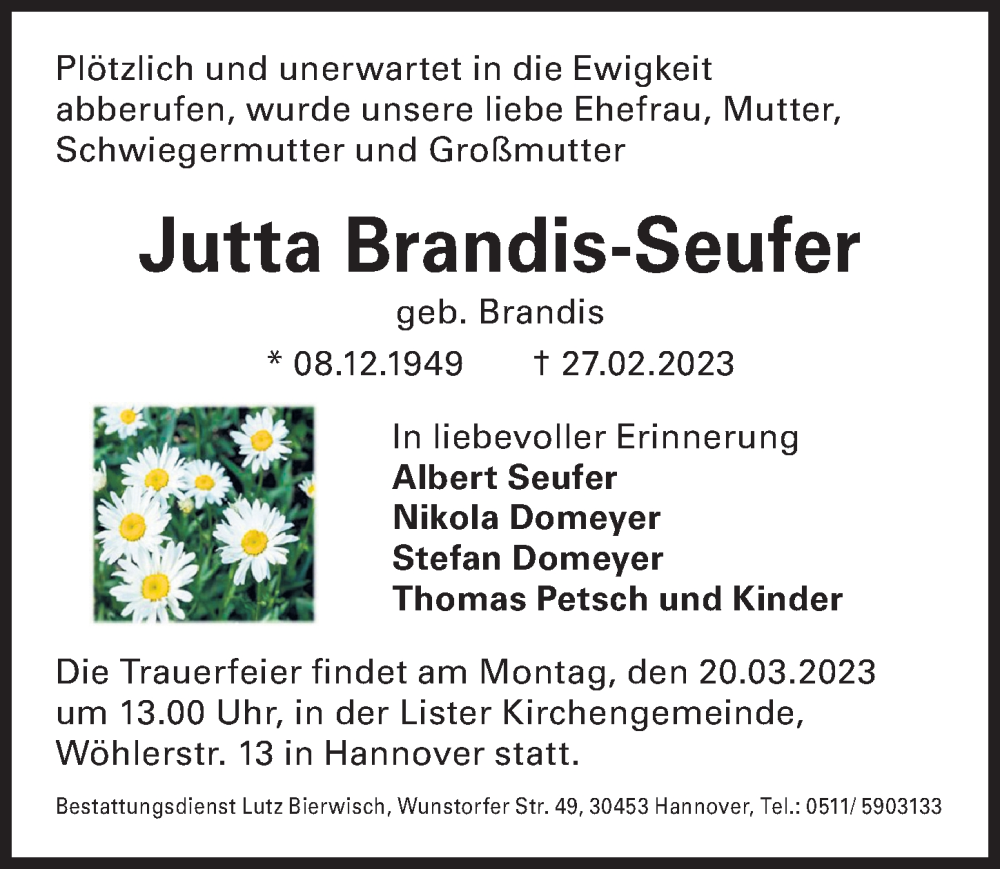  Traueranzeige für Jutta Brandis-Seufer vom 11.03.2023 aus Hannoversche Allgemeine Zeitung/Neue Presse