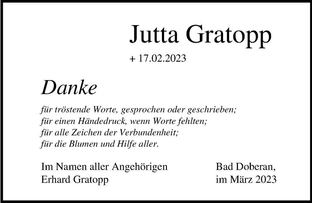  Traueranzeige für Jutta Gratopp vom 18.03.2023 aus Ostsee-Zeitung GmbH