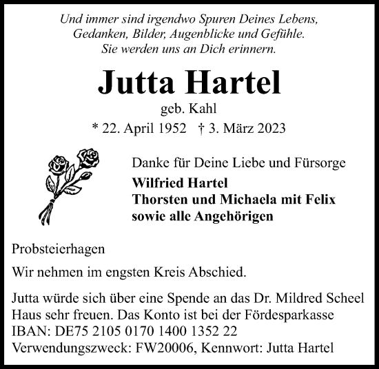 Traueranzeige von Jutta Hartel von Kieler Nachrichten