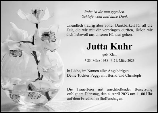 Traueranzeige von Jutta Kuhr von Ostsee-Zeitung GmbH