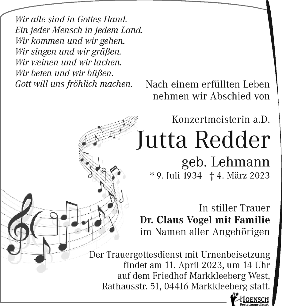  Traueranzeige für Jutta Redder vom 25.03.2023 aus Leipziger Volkszeitung