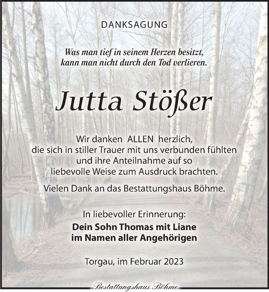  Traueranzeige für Jutta Stößer vom 04.03.2023 aus Torgauer Zeitung