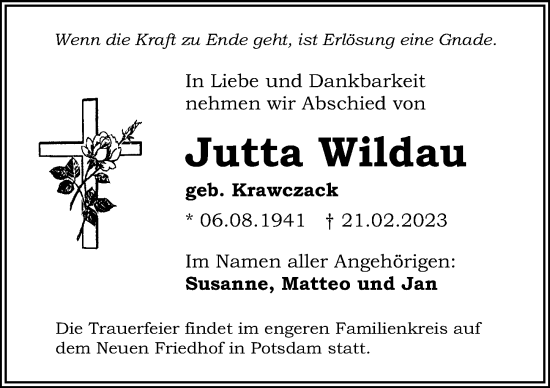 Traueranzeige von Jutta Wildau von Märkischen Allgemeine Zeitung