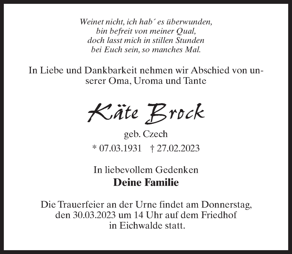  Traueranzeige für Käte Brock vom 11.03.2023 aus Märkischen Allgemeine Zeitung