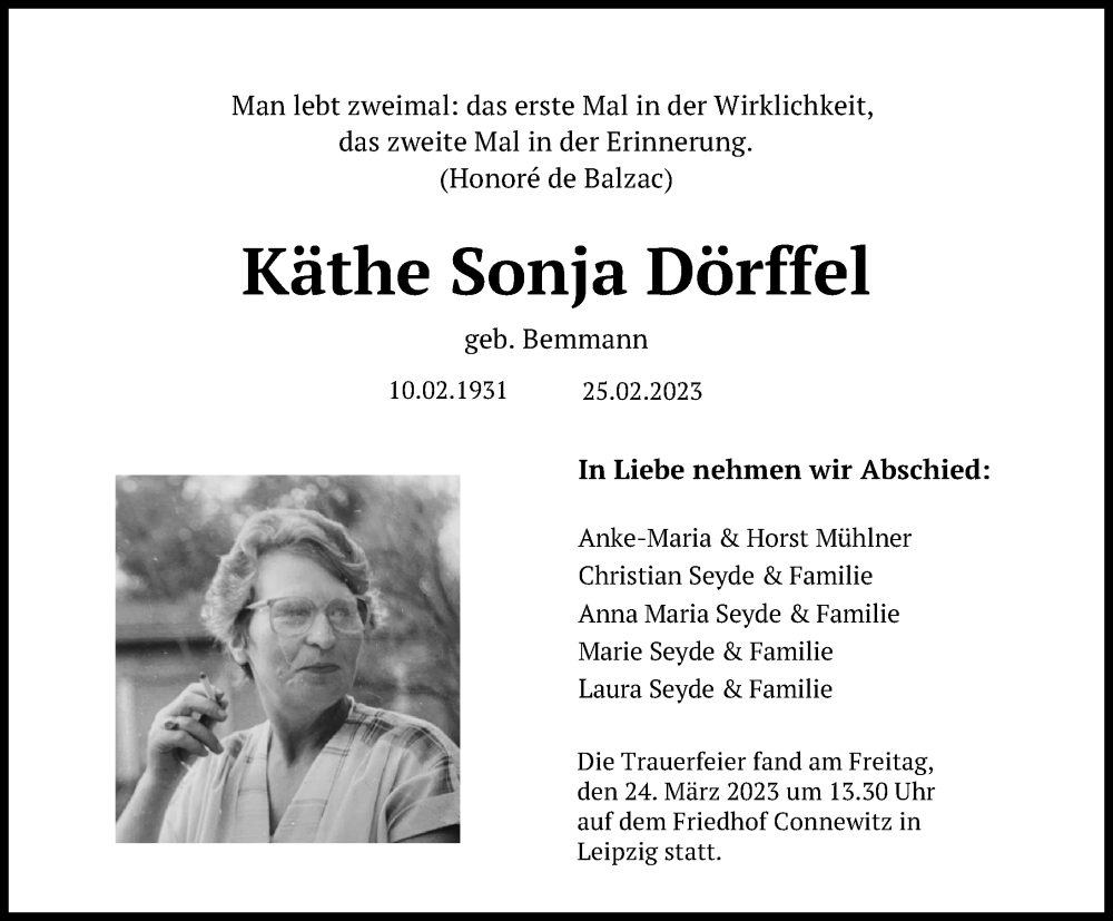  Traueranzeige für Käthe Sonja Dörffel vom 25.03.2023 aus Leipziger Volkszeitung