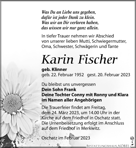 Traueranzeige von Karin Fischer von Leipziger Volkszeitung