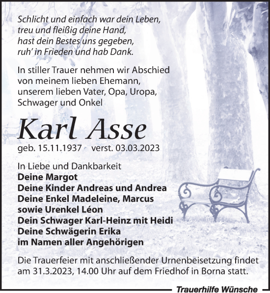 Traueranzeige von Karl Asse von Leipziger Volkszeitung