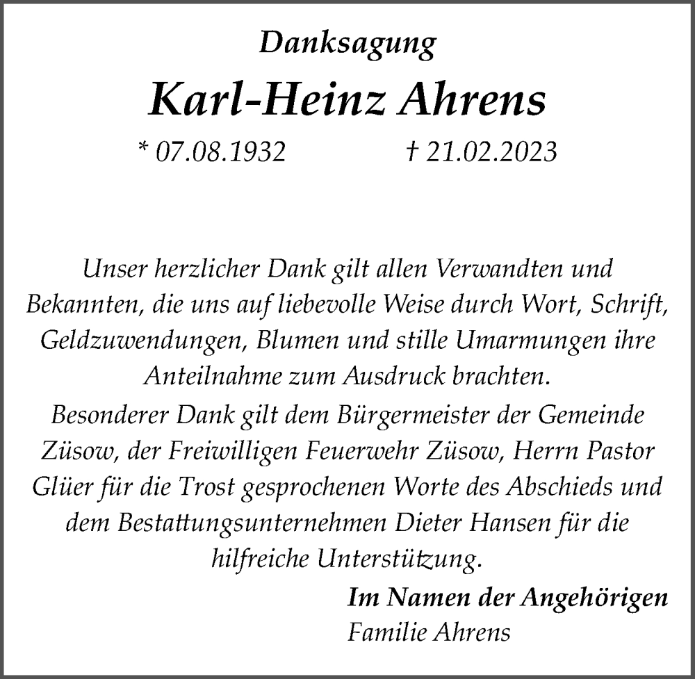  Traueranzeige für Karl-Heinz Ahrens vom 18.03.2023 aus Ostsee-Zeitung GmbH